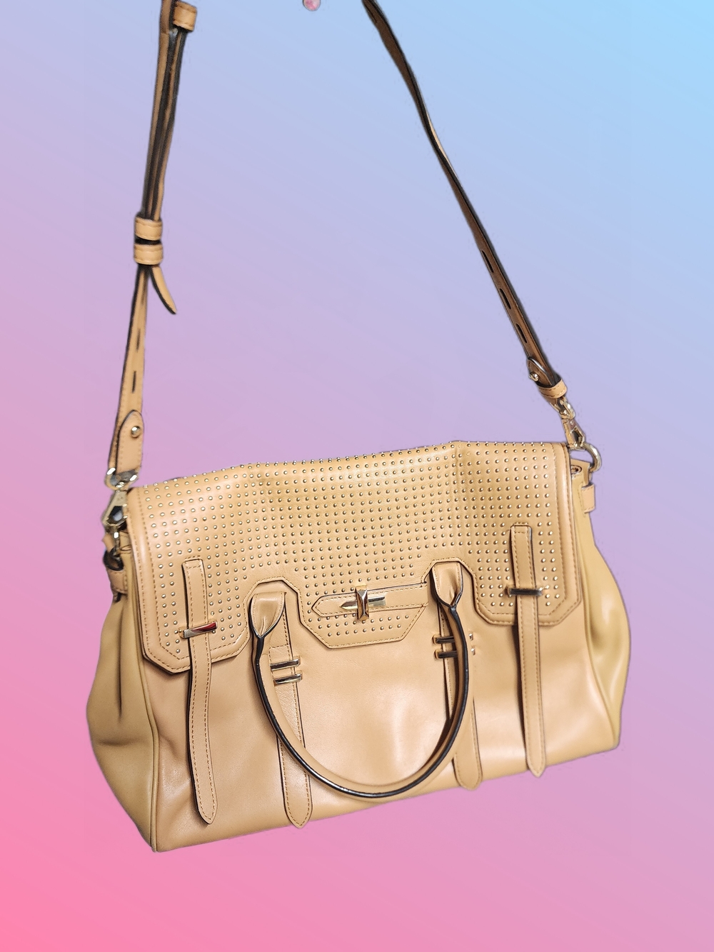 Women’s Stud-Detail Satchel Shoulder Bag in Beige